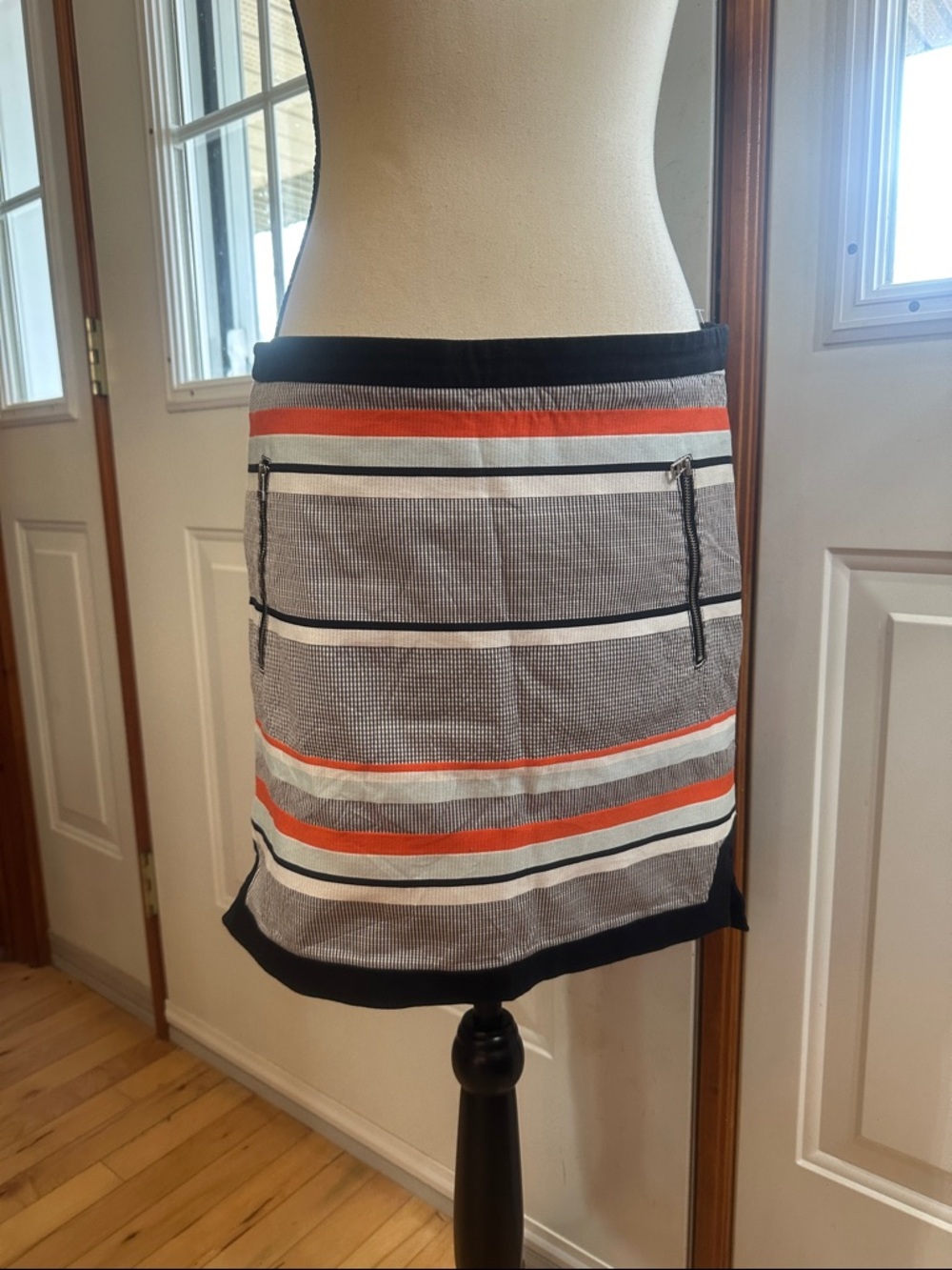 L.A.M.B. Cotton-Silk Mini Skirt with Grey Plaid and Orange Stripe Accents